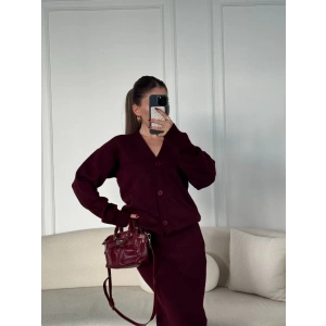 V Yaka 3 Düğmeli Hırka Takım Triko İkili Etekli - Bordo