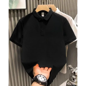 Yakası Düğmeli Yakalı Pike Düz T-Shirt - Siyah