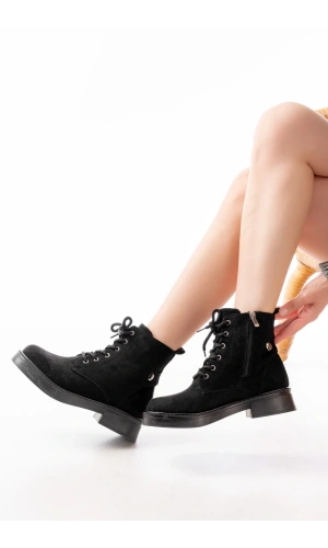 02-2003 Siyah Süet Bağcıklı Fermuarlı Günlük Kadın Bot