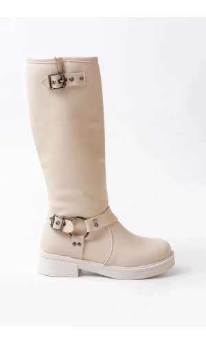 02-312 Bej Toka Aksesuarlı Fermuarlı Günlük Kadın Çizme