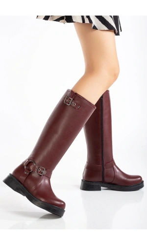 02-312 Bordo Toka Aksesuarlı Fermuarlı Günlük Kadın Çizme