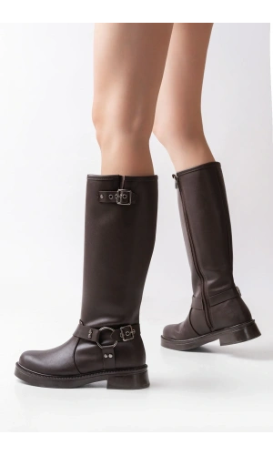 02-312 Kahverengi Toka Aksesuarlı Fermuarlı Günlük Kadın Çizme
