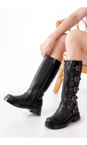 02-346 Siyah Düz Topuklu Günlük Bayan Binici Çizme