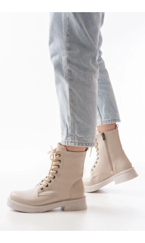 02-356 Bej Düz Topuklu Bağcıklı Fermuarlı Günlük Kadın Bot