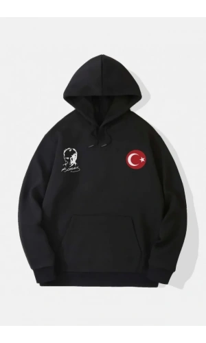 10 Kasıma Özel Üç İplik Kapşonlu Baskılı SweatShirt - Siyah