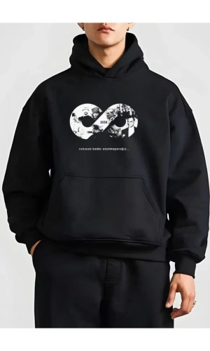 10 Kasıma Özel Üç İplik Kapşonlu Baskılı SweatShirt - Siyah