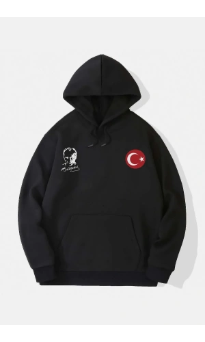 10 Kasıma Özel Üç İplik Kapüşonlu Baskılı SweatShirt - Siyah