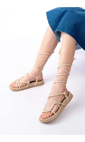 1001-1001 Bej Bilekten Bağcıklı Kadın Sandalet