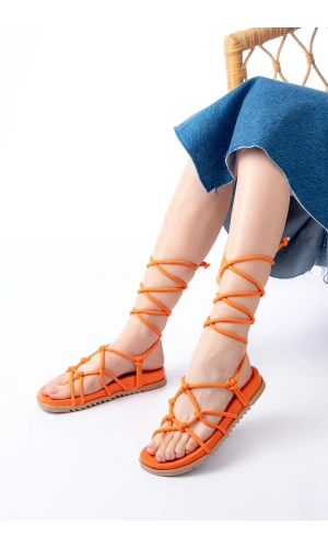 1001-1001 Orange Bilekten Bağcıklı Kadın Sandalet