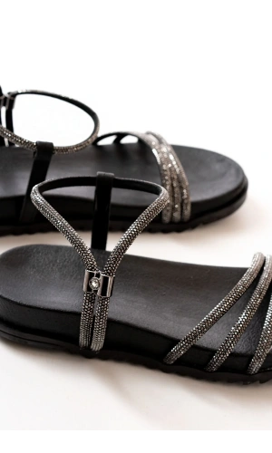 1001-1100 Siyah Platin Taşlı Günlük Kadın Sandalet