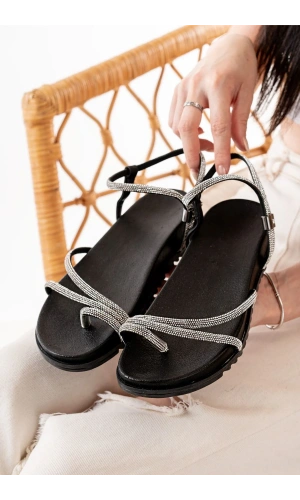 1001-1101 Siyah Gümüş Taşlı Günlük Kadın Sandalet