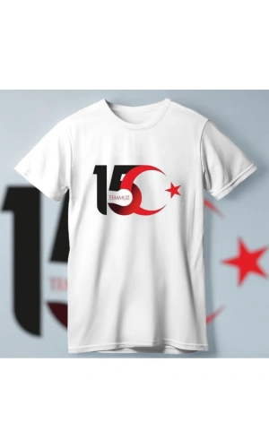 15 Temmuza Özel Tasarım Ay Yıldız Baskılı T-shirt - Beyaz