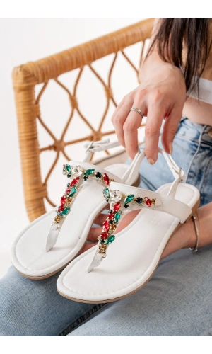 152-1110 Beyaz Multi Taşlı Parmak Arası Kadın Sandalet