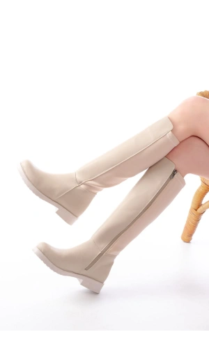 165-305 Bej Arka Streç Fermuarlı Günlük Kadın Çizme