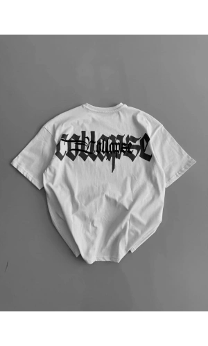 20/1 Penye Compack Baskılı Oversize Bisiklet Yaka Kısa Kol Yazlık T-shirt - Beyaz