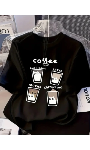 20/1 Penye Compack Baskılı Oversize Bisiklet Yaka Kısa Kol Yazlık T-shirt - Siyah