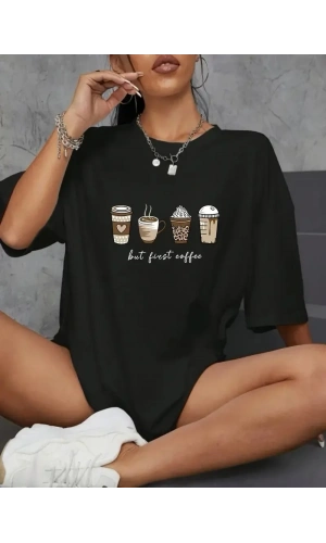 20/1 Penye Compack Baskılı Oversize Kahve Desenli Kadın Kısa Kol Yazlık T-shirt - Siyah