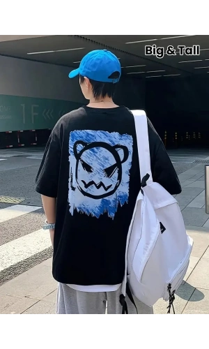 20/1 Penye Compack Bisiklet Yaka Kore tarzı sevimli ayı baskı Kısa Kol Erkek t-shirt - Siyah