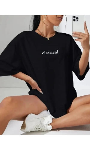 20/1 Penye Compack Classical Baskılı Siyah Oversize Tişort - Siyah