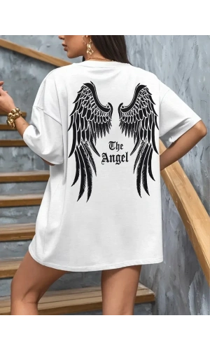 20/1 Penye Compack Dark Angel Baskılı Oversize Kısa Kol Yazlık T-shirt- Beyaz