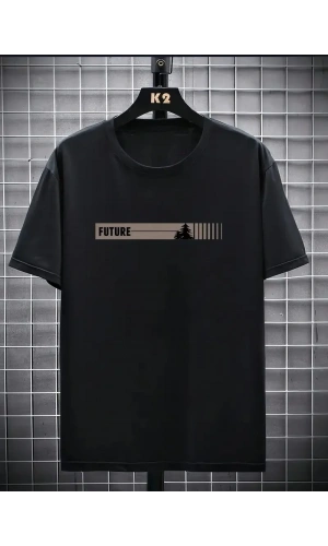 20/1 Penye Compack FUTRE Baskılı Oversize Kısa Kol Bisiklet Yaka T-shirt - Siyah