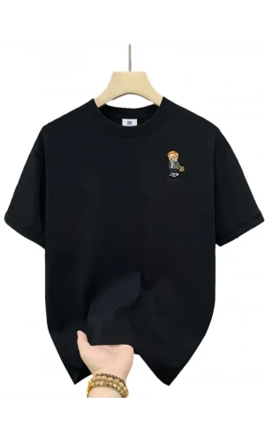 20/1 Penye Compack Gözlüklü Ayı Baskılı Oversize Bisiklet Yaka Erkek T-shirt - Siyah