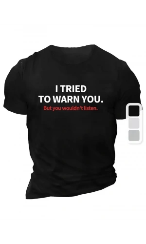 20/1 Penye Compack I TRIED TO WARN YOU. Baskılı Oversize Bisiklet Yaka T-shirt - Siyah