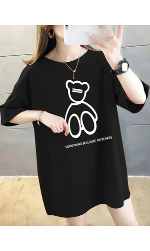 20/1 Penye Compack Ön Arka Baskılı Oversize Bisiklet Yaka T-shirt - Siyah