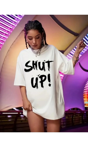 20/1 Penye Compack Oversize Beyaz Shut Up Kısa Kol Yazlık Tişört - Beyaz
