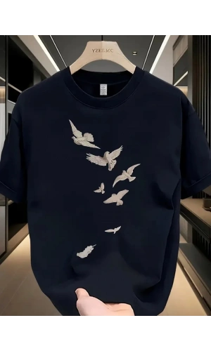 20/1 Penye Compack Özgür kuşlar Baskılı Baskılı Oversize Bisiklet Yaka T-shirt - Beyaz