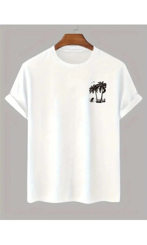 20/1 Penye Compack Palmiye Baskılı Oversize Bisiklet Yaka Kısa Kol T-shirt - Beyaz