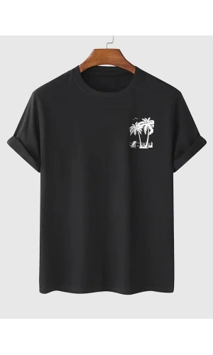 20/1 Penye Compack Palmiye Baskılı Oversize Bisiklet Yaka Kısa Kol T-shirt - Siyah