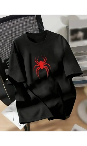 20/1 Penye Compack Spider Baskılı Oversize Unisex Kısa Kol Yazlık T-shirt - Siyah