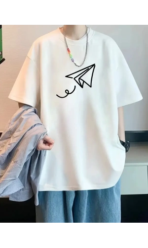 20/1 Penye Compack Uçak Baskılı Oversize Bisiklet Yaka Kısa Kol T-shirt - Beyaz