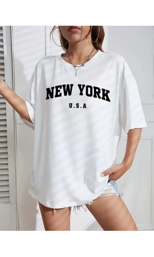 20/1 Penye CompackNew York Baskılı Oversize Kısa Kol Bisiklet Yaka T-shirt - Beyaz