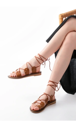 205-01 Taba Bilekten Bağlamalı Ortopedik Hakiki Deri Kadın Sandalet