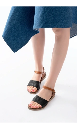 205-012 Siyah Ortopedik Hakiki Deri Kadın Sandalet