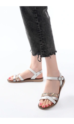 205-015 Beyaz Garni Ortopedik Hakiki Deri Kadın Sandalet