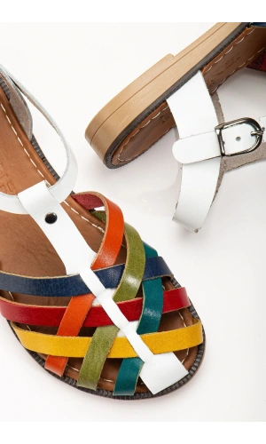 205-02 Beyaz Multi Ortopedik Hakiki Deri Kadın Sandalet