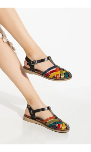 205-02 Siyah Multi Ortopedik Hakiki Deri Kadın Sandalet