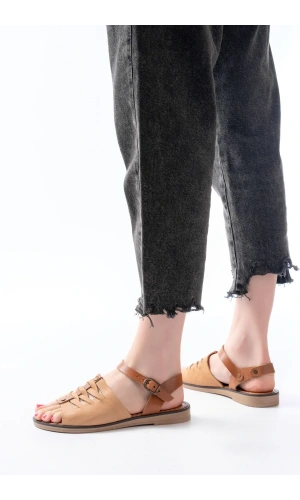 205-029 Bej Ortopedik Hakiki Deri Kadın Sandalet