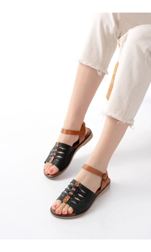 205-029 Siyah Ortopedik Hakiki Deri Kadın Sandalet