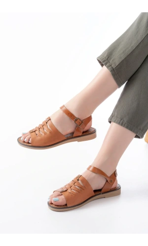 205-029 Taba Ortopedik Hakiki Deri Kadın Sandalet
