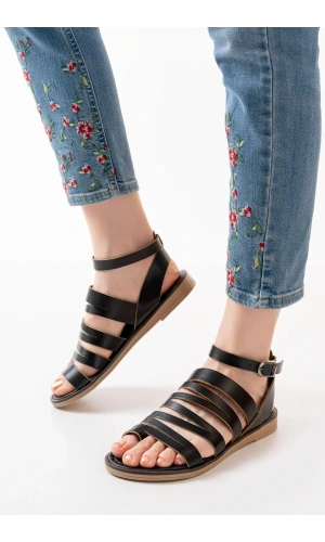 205-041 Siyah Ortopedik Hakiki Deri Kadın Sandalet