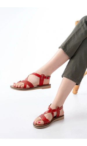 205-09 Kırmızı Ortopedik Hakiki Deri Kadın Sandalet