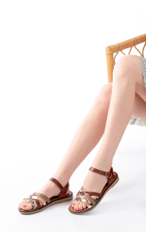 205-093 Koyu Kahve Garni Hakiki Deri Ortopedik Taban Kadın Sandalet