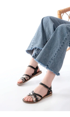 205-093 Siyah Garni Hakiki Deri Ortopedik Taban Kadın Sandalet