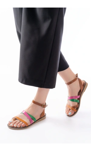 205-209 Turuncu Multi  Hakiki Deri Tokalı Parmak Arası Kadın Sandalet
