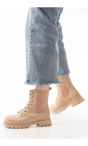 2051-298 Bej Düz Topuklu Bağcıklı Lastikli Günlük Kadın Bot