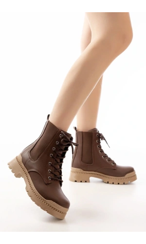 2051-298 Kahverengi Düz Topuklu Bağcıklı Lastikli Günlük Kadın Bot